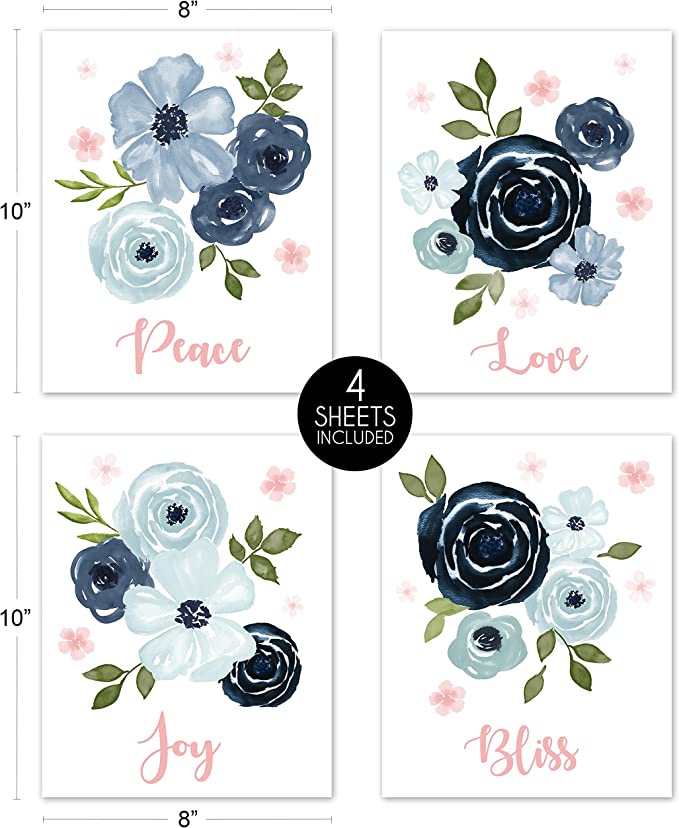 Sweet Jojo Designs Navy Blue and Pink Watercolor Floral Wall Art Prints | Nursery Decor in Singapore