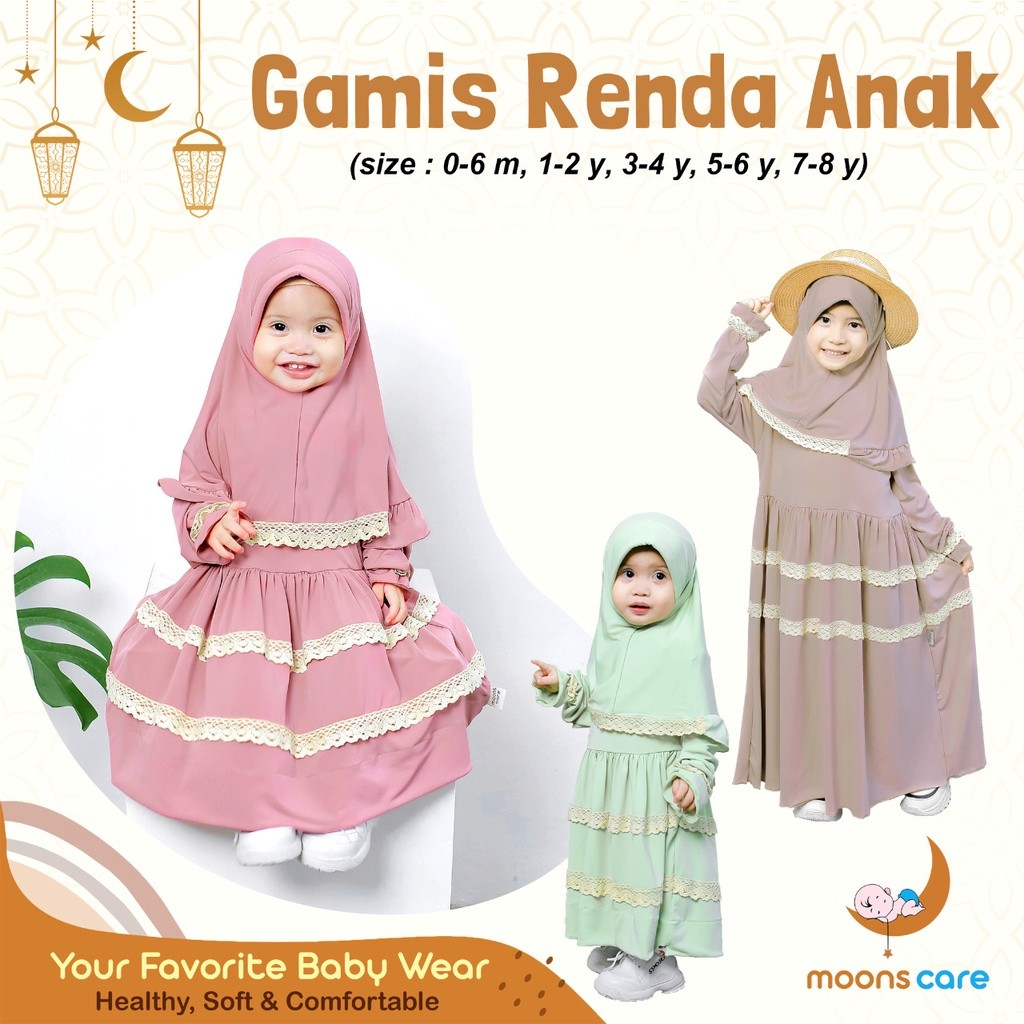 Baju lebaran bayi perempuan moons care dengan size chart mulai dari 0-6 bulan hingga 7-8 tahun